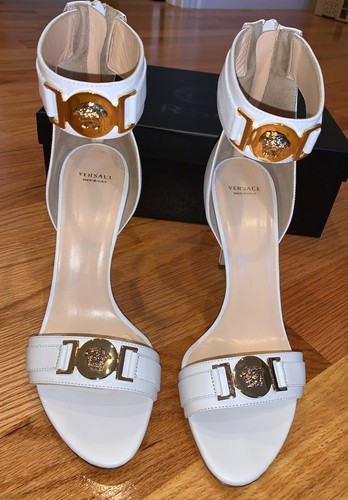 White Versace Leather Sandals with Ankle Strap and Medusa Medallions - Size 40