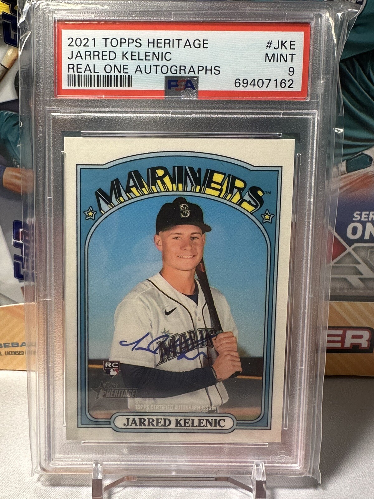 2021 Topps Heritage Real One Auto #ROA-JKE Jarred Kelenic Braves SEA RC PSA 9