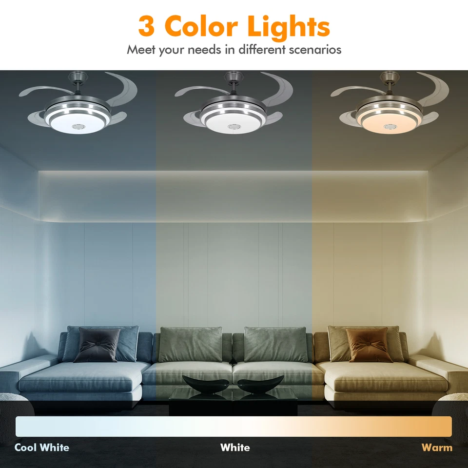42" Bluetooth Ceiling Fan 3-Color LED Light Retractable Chandelier Lights Lamp - Image 3 of 4