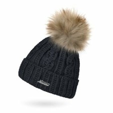Damen Strick-Mütze mit Innenfutter Fleece Fell-Bommel Kunstfell Bommelmütze