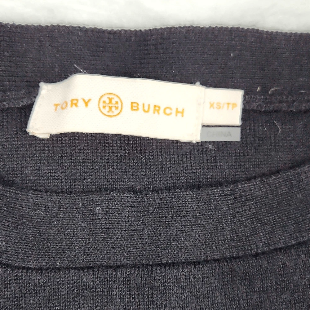 Tory Burch 715 Giselle abito maglione lana merino testurizzato nero orlo arricciato XS