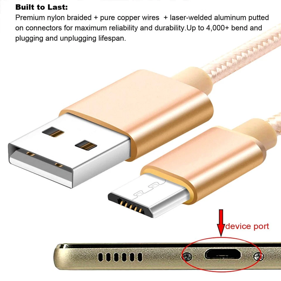 Micro USB to USB Fast Charger Data Cable Cord For Samsung Android HTC LG Gold - Image 2 of 4