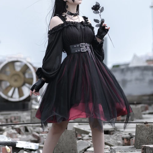 Abito donna gotico maglia con volant manica a sbuffo Lolita steampunk cosplay irregolare rosso - Foto 8 di 17