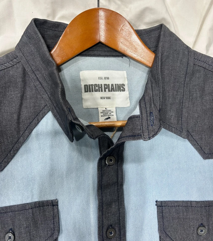 Ditch Plains 长袖纽扣 L 码灰色/蓝色西式衬衫 — 第 2/4 张图片