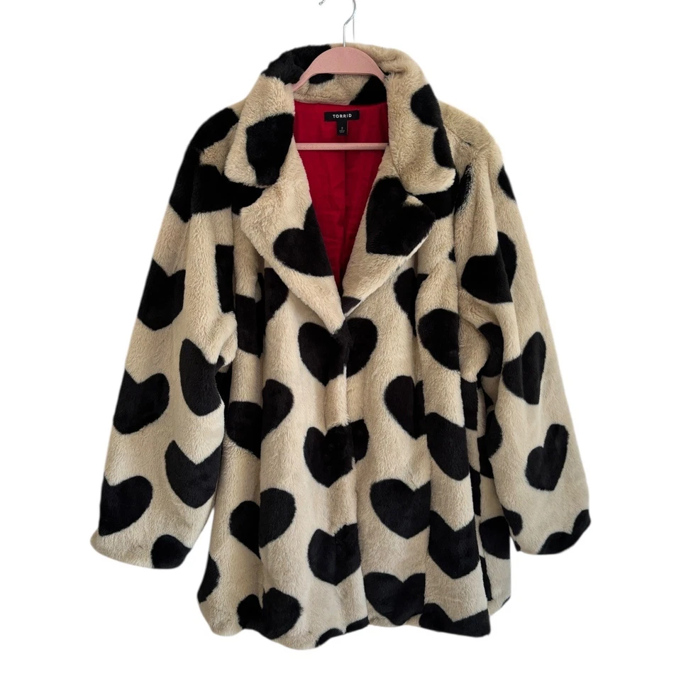 Torrid Faux Fur Heart Print Coat Cream Black Red Lined Long Sleeve Button Front - Image 4 of 4