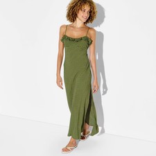 Women Ruffle Trim Maxi Slip Dress - Wild Fable Moss Green Polka