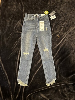 YMI Women's Skinny Blue Medium Wash Denim Jeans Distressed Fringe 5-Pocket