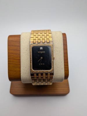 VINTAGE Wittnauer QWR Wrist Watch.  Rectangular Tank. Black Dial w/Diamond.