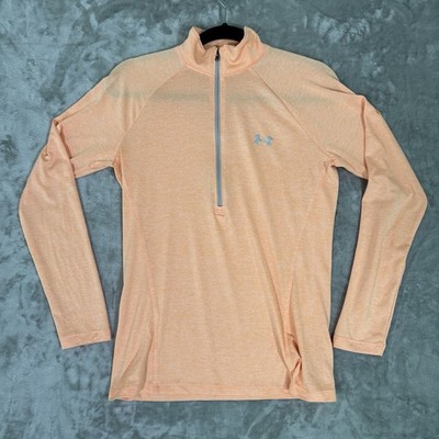 Under Armour Medium Light Orange Peach Half Zip Long Sleeve Shirt Loose HeatGear