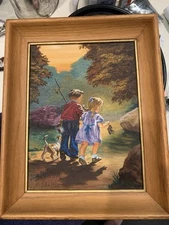 Vintage 11 x 14 painting, signed of brother and sister and dog Idealic Childhood