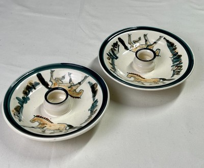 Pair Studio Pottery Horse CANDLE HOLDERS Hand Painted Artisan Ceramic Folk Art