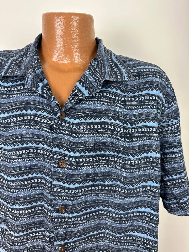 Camisa LL Bean Camp Hombres L Geométrica Rayas Hawaiana Playa Exterior Algodón Azul Foto 2 de 4