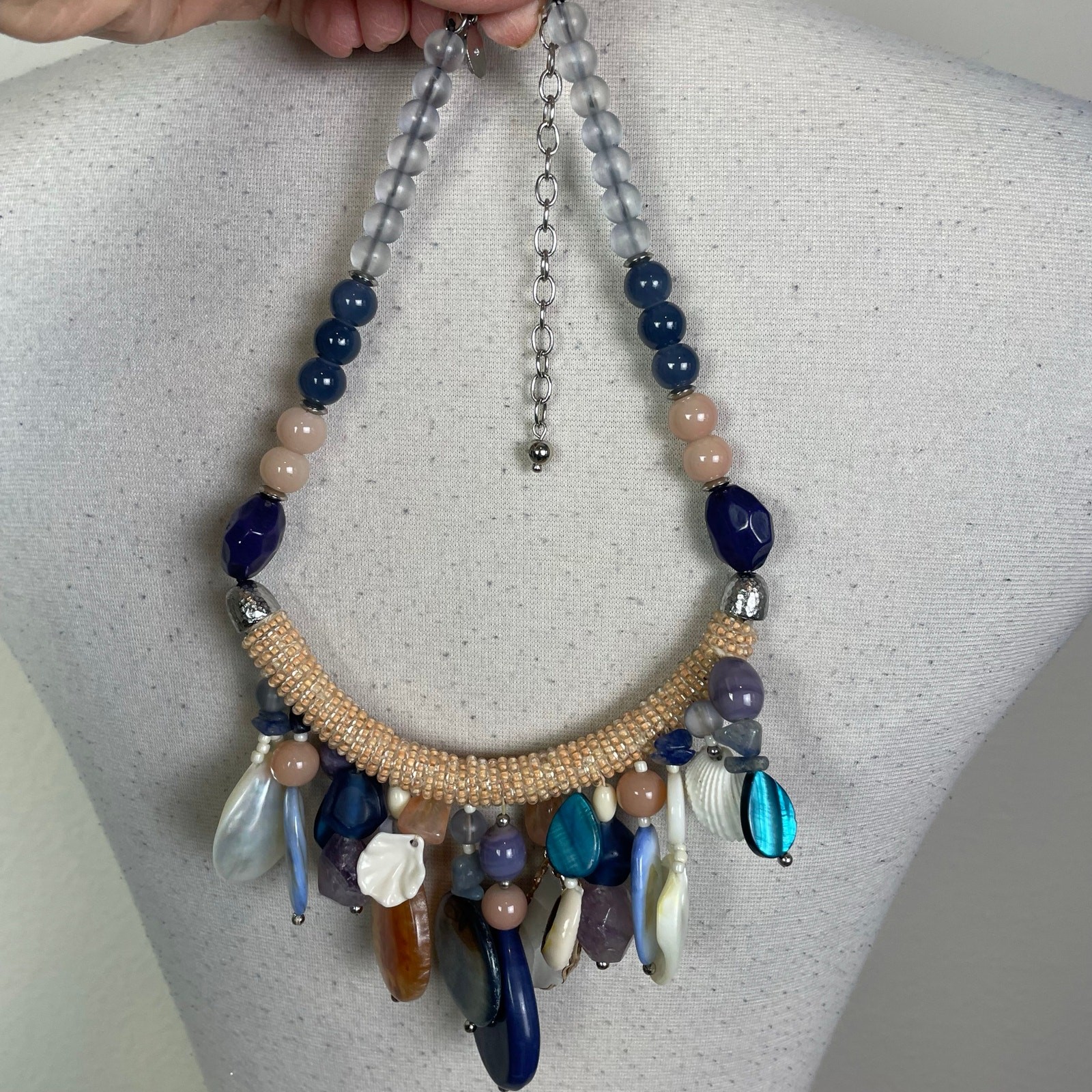 Chico's Tan Navy Bead Shell Statement Necklace - image 5