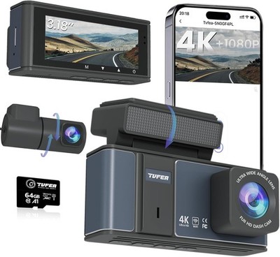 Dashcam Front- und Rückkamera, Dashcam 4K, Dual Dash Camera für Autos mit WLAN, 3