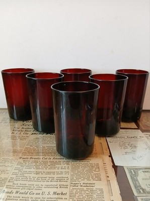Vintage Set Of 6 Flat Tumbler Glasses Ruby Red 16 oz - Arcoroc Made In France