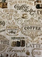 COFFEE TIME BY RILEY BLAKE COFFEE LOVERS TEXT ON BEIGE COTTON FABRIC HALF YARD