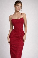Red Glitter Ruched Strappy Bodycon long Dress Sleeveless Pullover Women XS