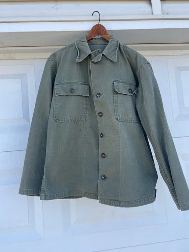 VTG WW2 US Military Army green button field shirt jacket HBT OG 107 Poplin WWII