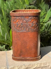 VTG Faux Leather Tooled Embossed Floral Umbrella Cane Stand Waste Basket Brown