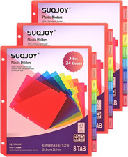 Binder Index Dividers with Tabs, 24 Count 3 Ring Binder Dividers with Pockets, 8