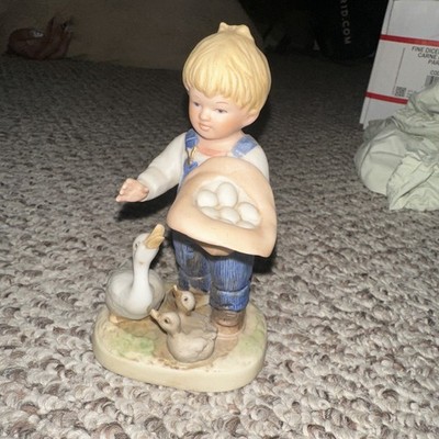 Denim Days Boy Danny Gathering Eggs Ducks Chickens #1509 Vintage 1985 Homeco