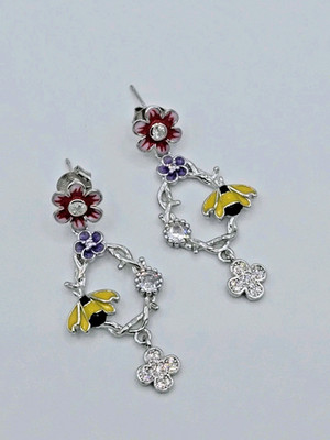 925 Sterling Silber Emaille Blume Ohrhänger CZ14K Weißgold vergoldet Thailand