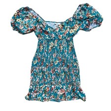 NSR Womens Sz Small Smocked Green Floral Puff Sleeve Mini Dress NWOT