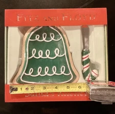 Fitz and Floyd Santa's Kitchen Green Bell Shape Snack Plate and Spreader NIB