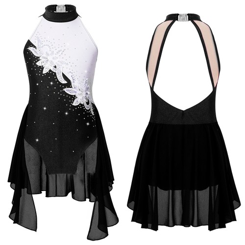 UK Girls Shinny Rhinestone Figure Skating Dress Sleeveless Dance Leotard Dress - Picture 21 of 73
