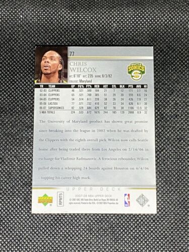 Chris Wilcox Seattle Sonics 2007-08 Upper Deck Signed Auto Card #77 ~ COA - Bild 2 von 3