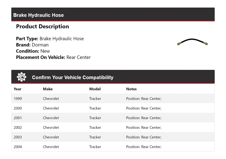 Manguera hidráulica de freno para Chevrolet Tracker Dorman 1999-2004 centro trasero 2000 Foto 2 de 4