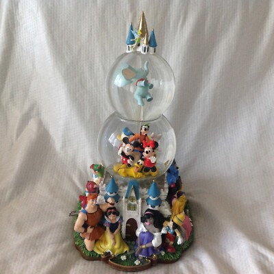 Disney CASTLE Multi Character Musical Spin Figurine Lit Up Double Snowglobes-MIB