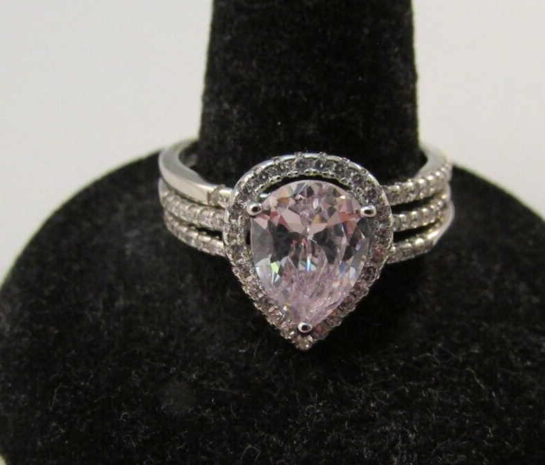 Isabella M 925 Sterling Silver Clear Pear Shaped CZ Ring Set Size