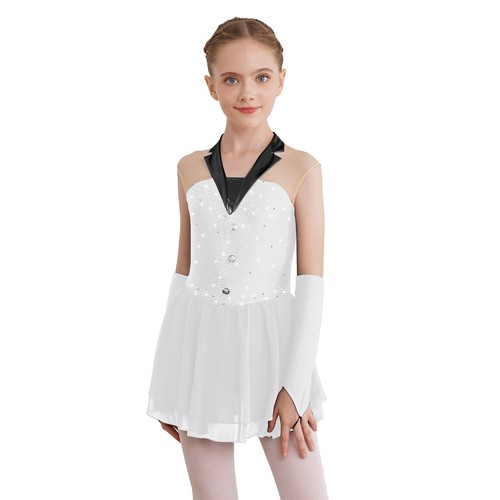 Kids Girls Figure Ice Skating Dress and Gloves Dance Gymnastic Leotard Dancewear - Picture 52 of 63