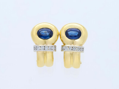 Branded Earrings Half Hoop Sapphires Diamonds 3.24 Carats 750 Yellow Gold Deta