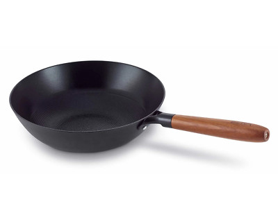 Wok-Pfanne 28 cm Guss-Eisen Keramik-Antihaft-Beschichtung Holz-Griff Induktion