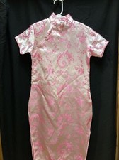 Chinese Asian Pink Girls Golden Dragon Satin Qipao Cheongsam Dress
