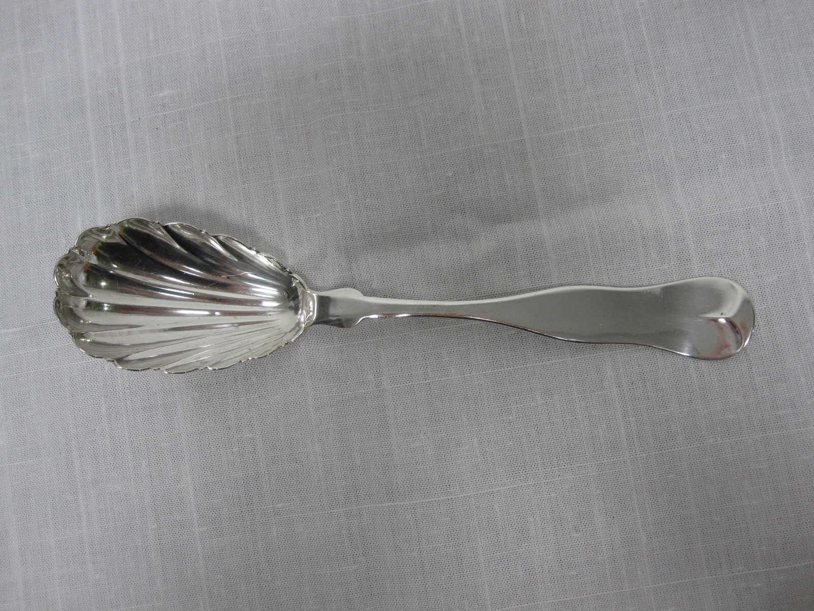 ANTIQUE SILVER JONES, BALL + POOR BOSTON FIDDLE TIP SHELL SERVING SPOON 8 7/8"