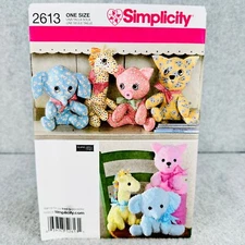 Simplicity 2613 Stuffed Animals Plush Elephant Giraffe Pig Cat Sewing Pattern