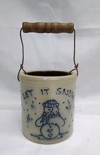 vtg Maple City Pottery Salt Glaze Crock Wood Handle LET IT SNOW SNOWMAN Winter 