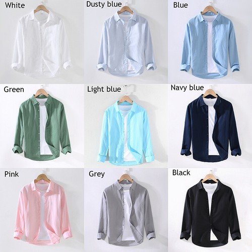 Mens Basic Long Sleeve Cotton Linen Shirts Casual Leisure T-shirts Slim Tee - Picture 18 of 22