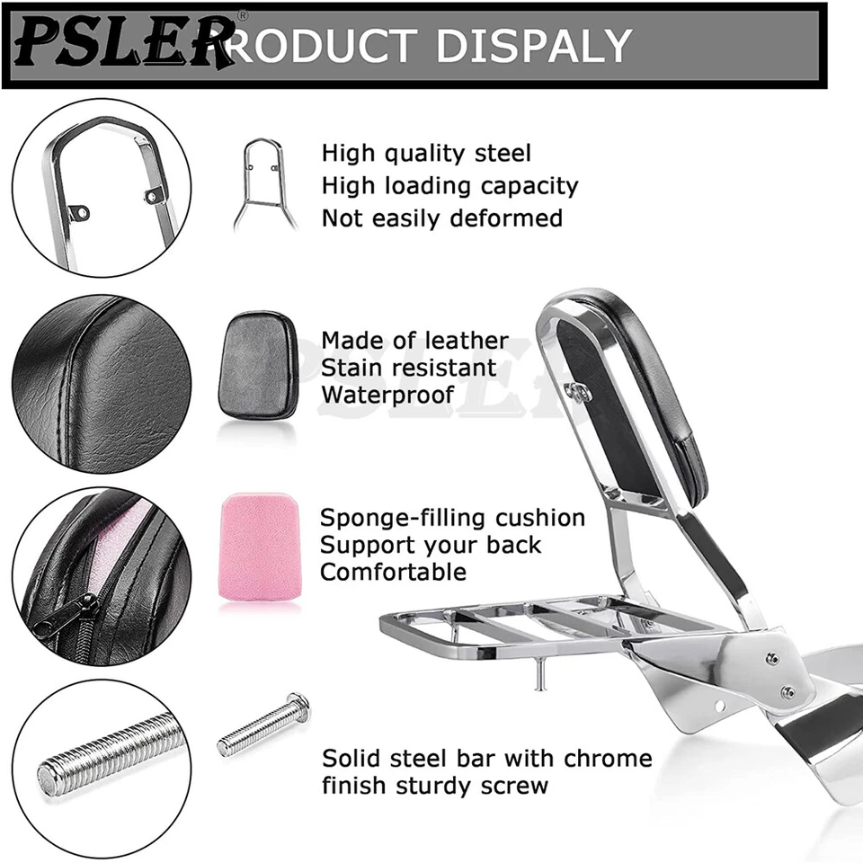 For Yamaha V Star XVS 400 650 Classic 1998-2018 Backrest Sissy Bar Luggage Rack  - Image 4 of 4