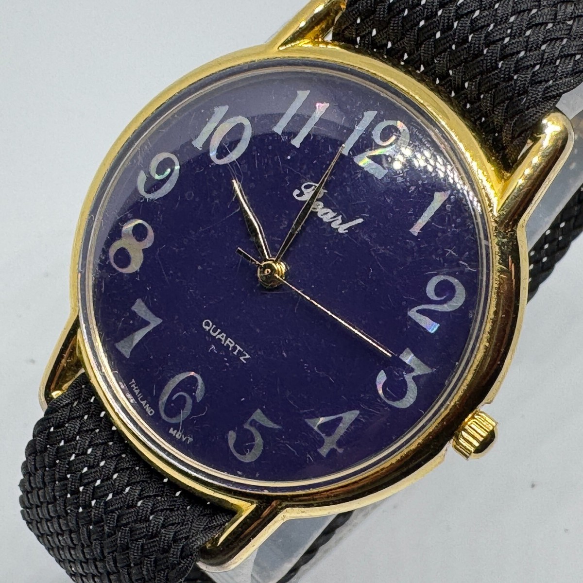 Vintage Pearl Quartz Watch Unisex Round Gold Tone Black 