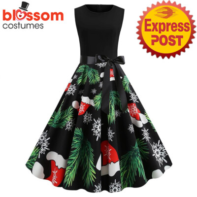 N1363 Black Santa Christmas Vintage Swing Flare Dress Snowflake Xmas  Rockabilly | eBay