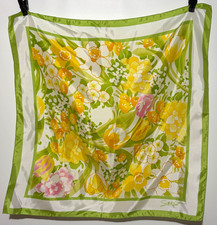 Avon SM Kent Green White Yellow Pink Floral Square Head Scarf Vintage Japan
