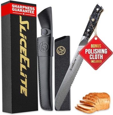 SliceElite 8 Inch Bread Knife VG10 Damascus Steel Carbon Fiber Handle