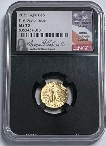 2025 $5 1/10-oz American Gold Eagle NGC FDOI MS70, Anna Cabral Signed
