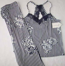 NWT In Bloom by Jonquil NAVY/IVORY FLORAL/STRIPE Knit Pajama Set L LACE Trim