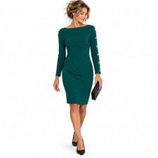 Lauren Ralph Lauren Dress Womens 8 Teal Ruched Sheath Gold Button Quiet Luxury