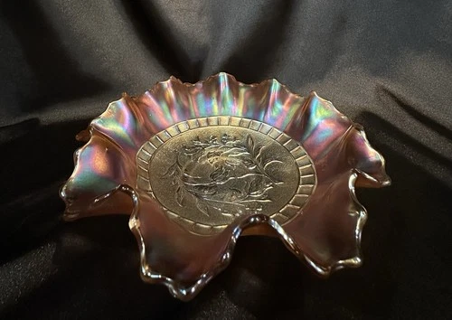 Antique Dugan Glass~Windflower Marigold~Crimped Edge Carnival Glass Bowl~8”